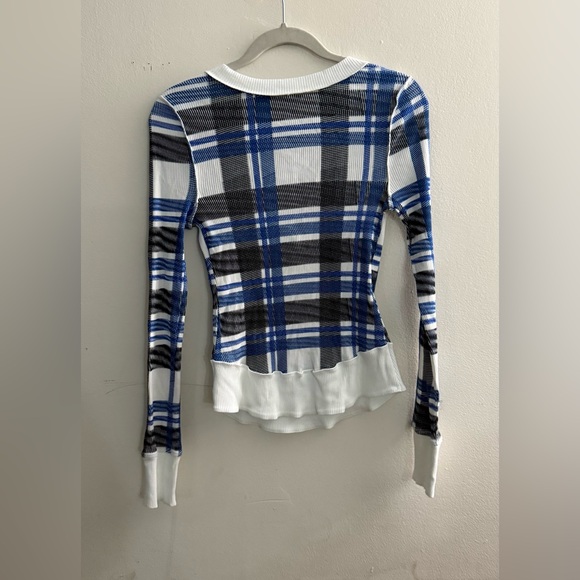 FP MOVEMENT Rally Ribbed Thermal Long Sleeve Top Plaid Ivory Blue Black - Picture 7 of 7